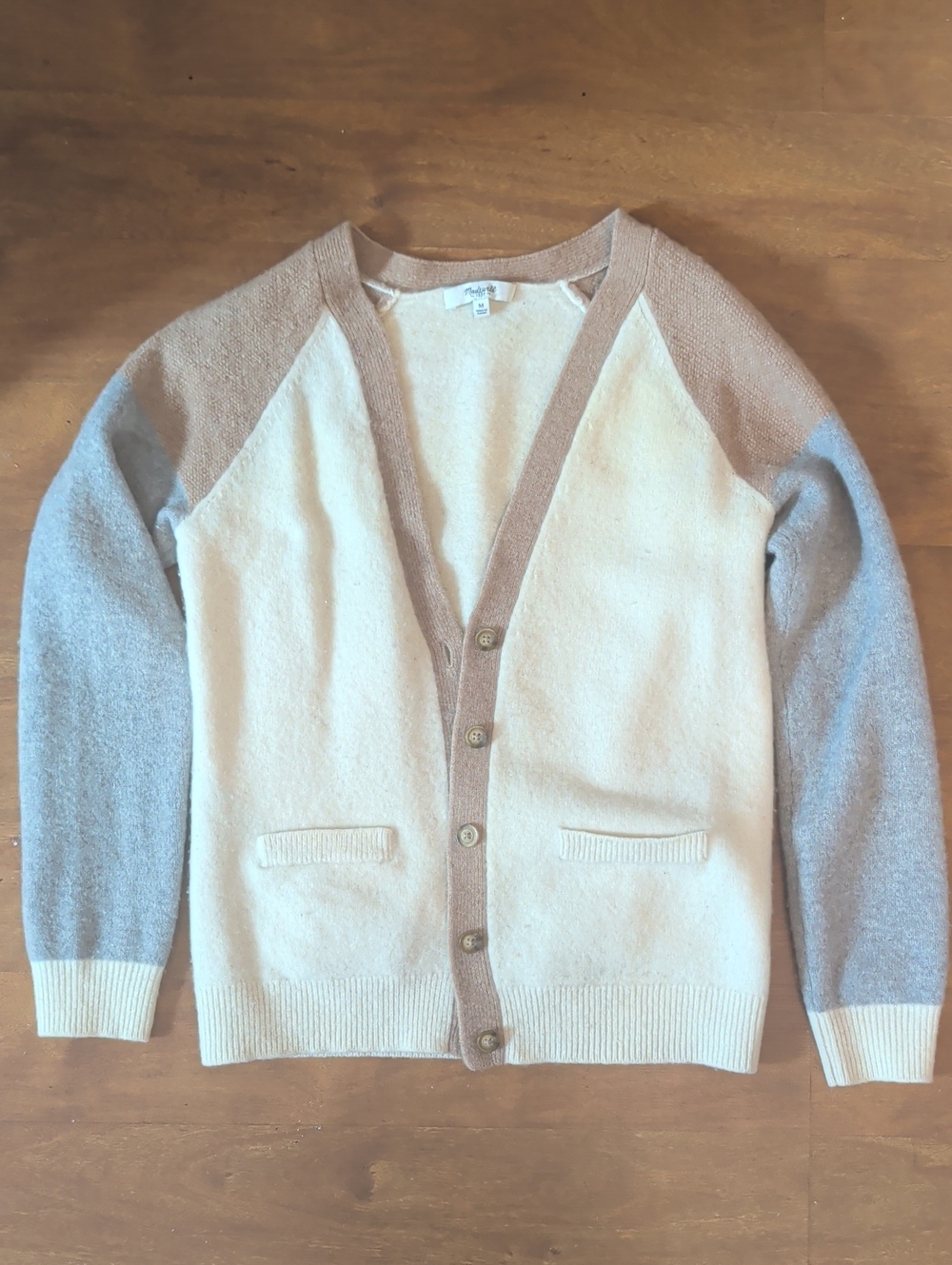 Madewell Colorblock V-Neck Cardigan Sweater - Cream, Tan & Gray